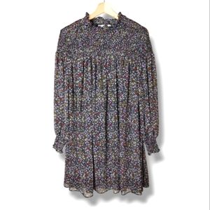 Terra & Sky Smocked Floral Lined Mini Dress Sheer Sleeves Size 14W Cottagecore